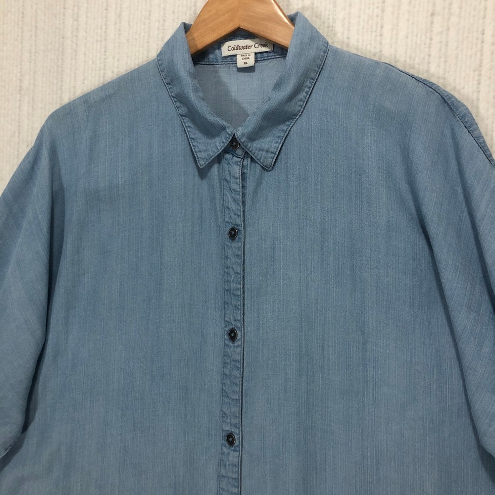 Coldwater Creek Denim Chambray Button Down Shirt XL Blue Lyocell 3/4‎ Sleeve